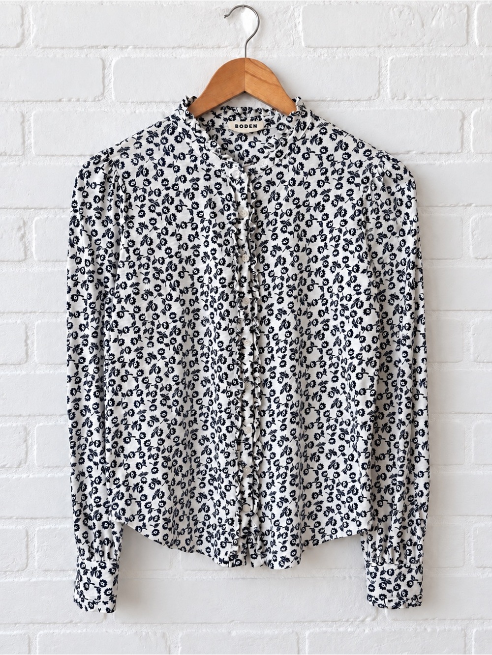 Boden Ruffle Front Cotton Blouse, Navy & White, Size US 4 / UK 8